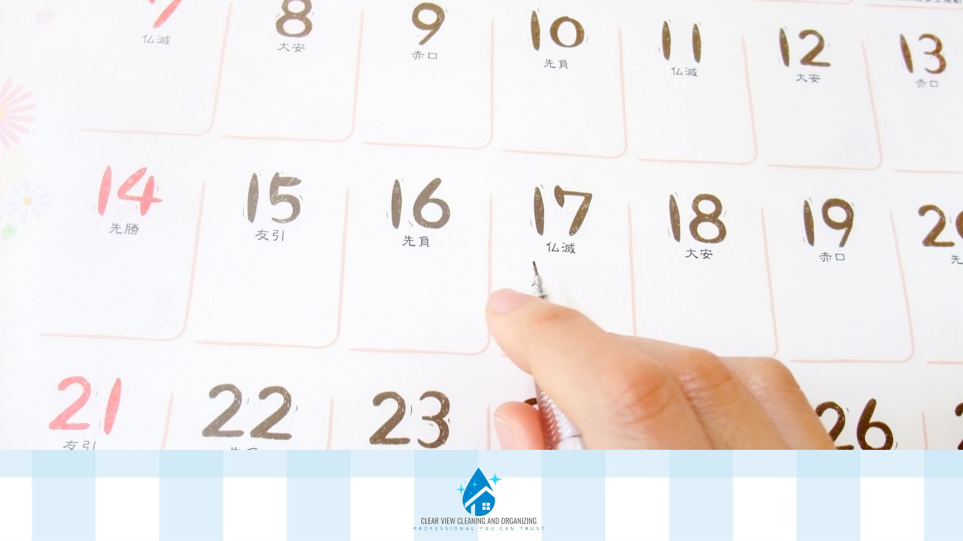 scheduling maid service and home cleaning bi-weekly on a calendar with pen