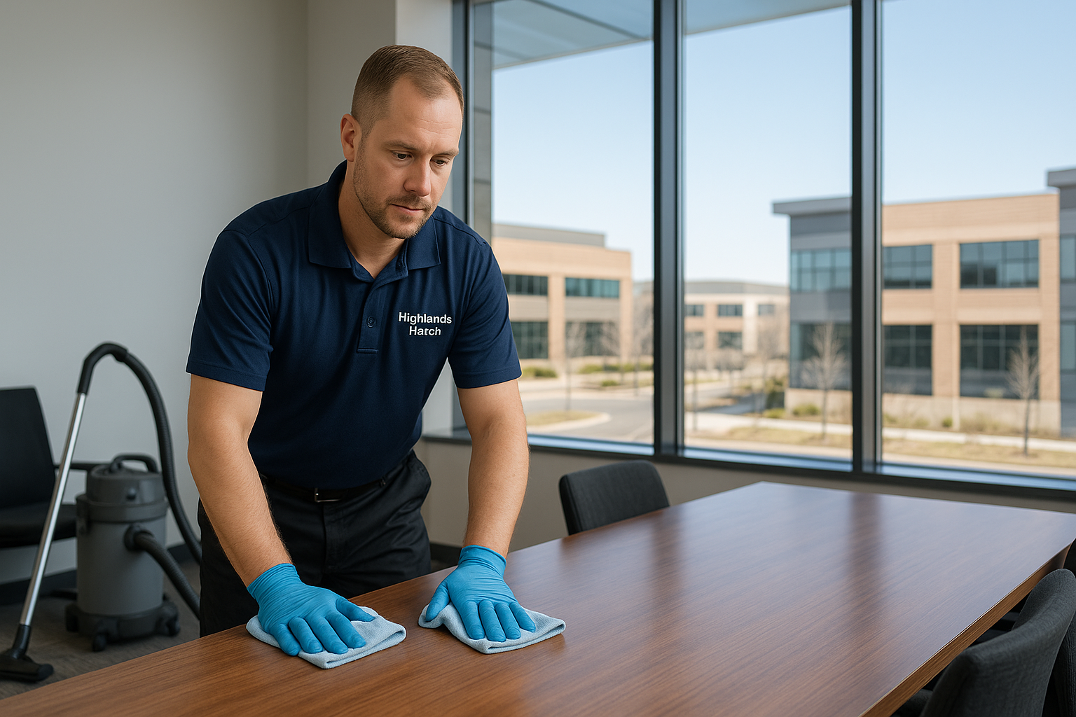 Professional cleaner from Clearview Cleaning and Organizing wiping down a conference table in a Highlands Ranch commercial office