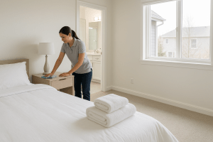 Professional cleaner making a bed in a bright, modern Lone Tree short-term rental home, with a tidy bathroom visible in the background, representing Clearview Cleaning and Organizing's Airbnb turnover service.