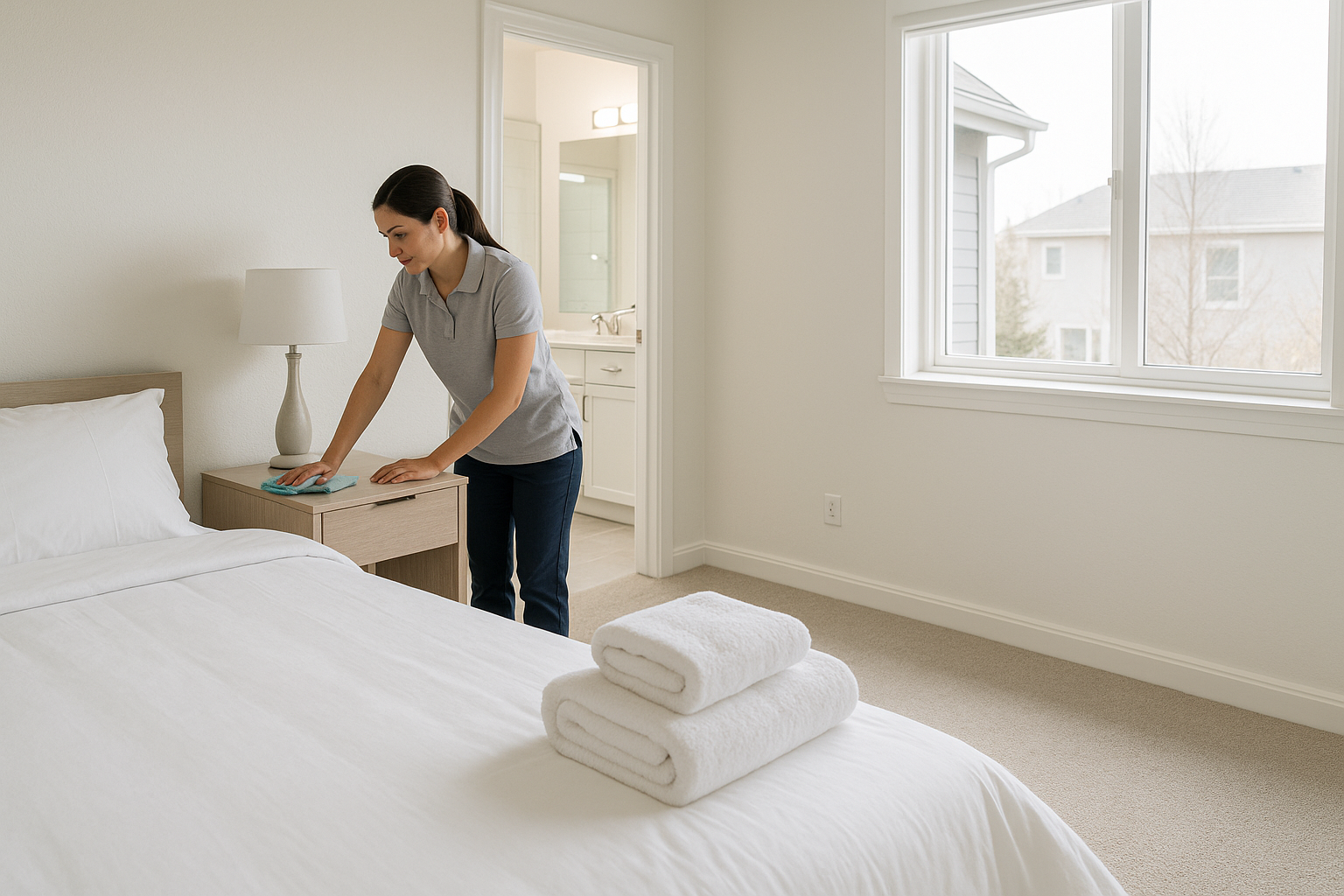 Professional cleaner making a bed in a bright, modern Lone Tree short-term rental home, with a tidy bathroom visible in the background, representing Clearview Cleaning and Organizing's Airbnb turnover service.