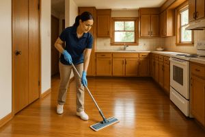A Clearview Cleaning and Organizing professional mopping the hardwood floors of a mid-century ranch home in Wheat Ridge, Colorado.