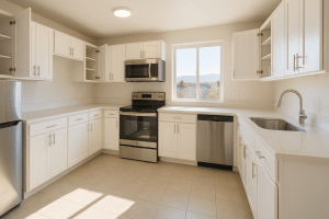 A spotlessly clean apartment kitchen prepared for move-out inspection, representing Clearview Cleaning and Organizing's move-out cleaning service in Littleton, Colorado.