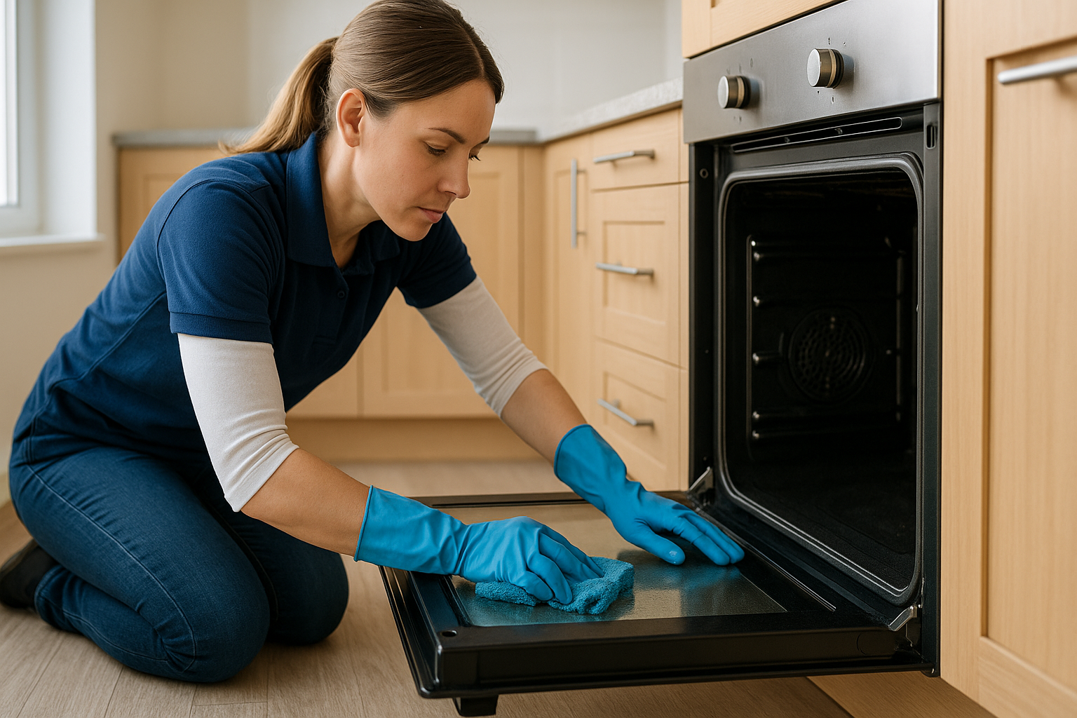 Professional cleaner scrubbing the inside of an oven during an apartment move-out cleaning in Parker, Colorado