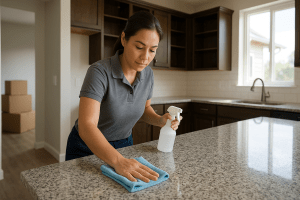 Professional cleaner wiping a kitchen countertop in a recently vacated Arvada home ready for move-in