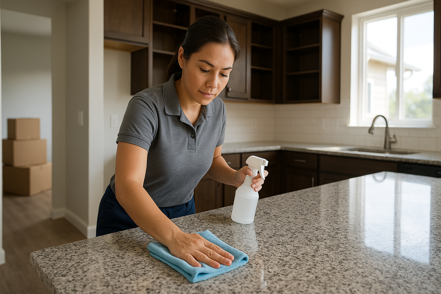 Professional cleaner wiping a kitchen countertop in a recently vacated Arvada home ready for move-in