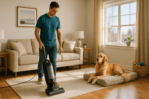 Professional cleaner vacuuming a living room rug while a golden retriever rests nearby in a Littleton home, provided by Clearview Cleaning and Organizing.