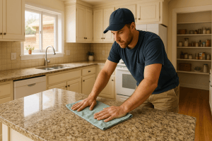 A professional cleaner from Clearview Cleaning and Organizing wipes down a kitchen counter in a bright Englewood Colorado ranch-style home.