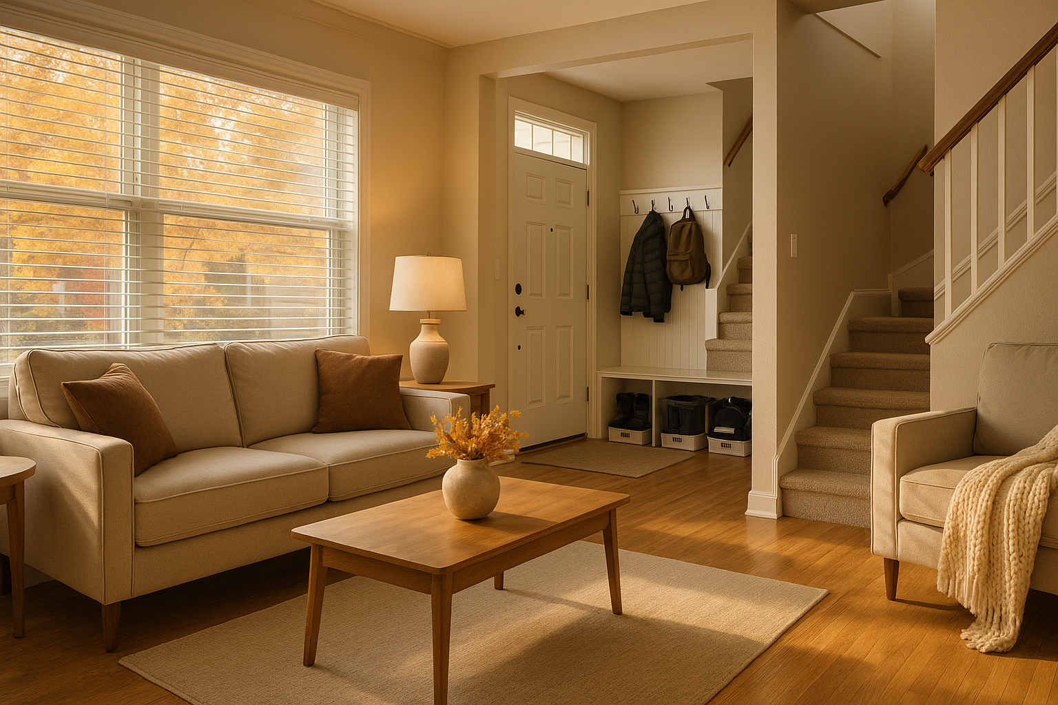 Clean, organized Highlands Ranch family home living room and mudroom after a fall deep clean by Clearview Cleaning and Organizing