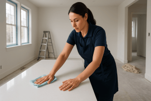 Professional cleaner wiping down a kitchen countertop during a post-construction cleaning in an Englewood Colorado home