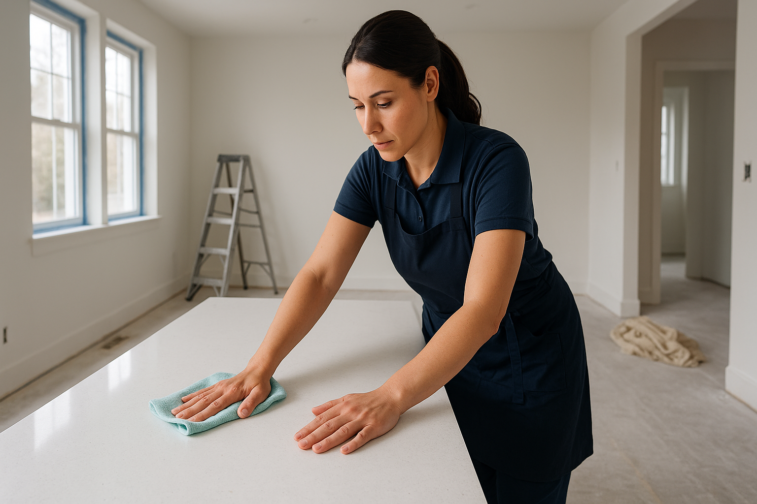 Professional cleaner wiping down a kitchen countertop during a post-construction cleaning in an Englewood Colorado home