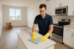 A Clearview Cleaning and Organizing cleaner wiping down the kitchen counter of an empty Westminster, Colorado apartment during a move-out cleaning, with packed moving boxes by the door.