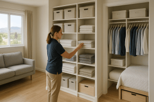 Clearview Cleaning and Organizing professional organizer placing folded towels on built-in shelving in a small, tidy Lakewood, Colorado condo with closet storage and under-bed bins